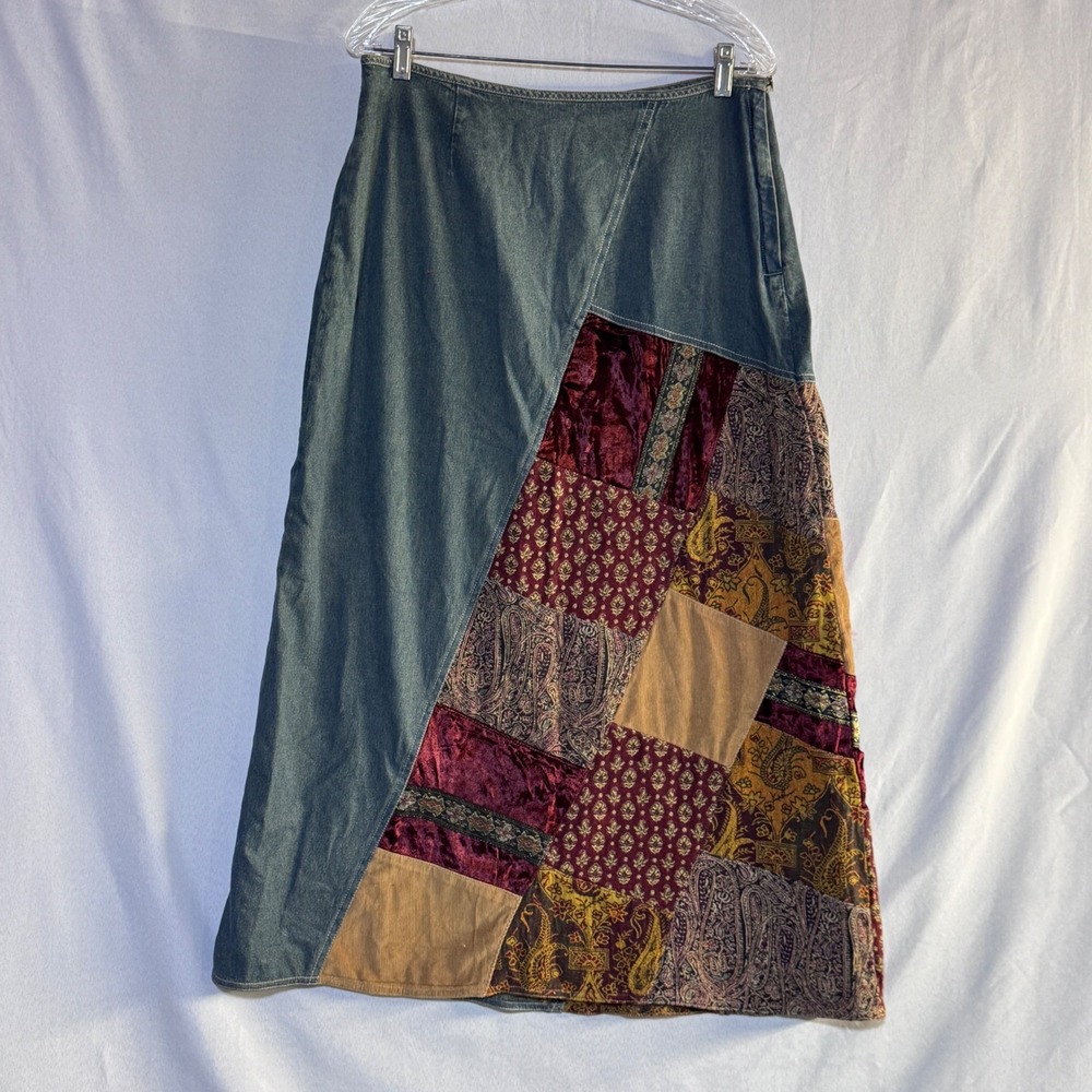 J. Jill Patchwork Denim Maxi Skirt Women 14 Blue Velvet Paisley Boho 34-5183 NWT